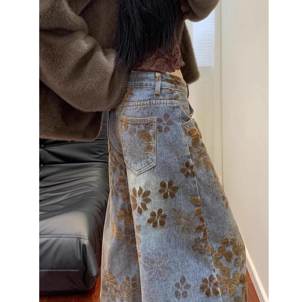 Retro Floral Embroidery Wide Leg Women's Jeans
