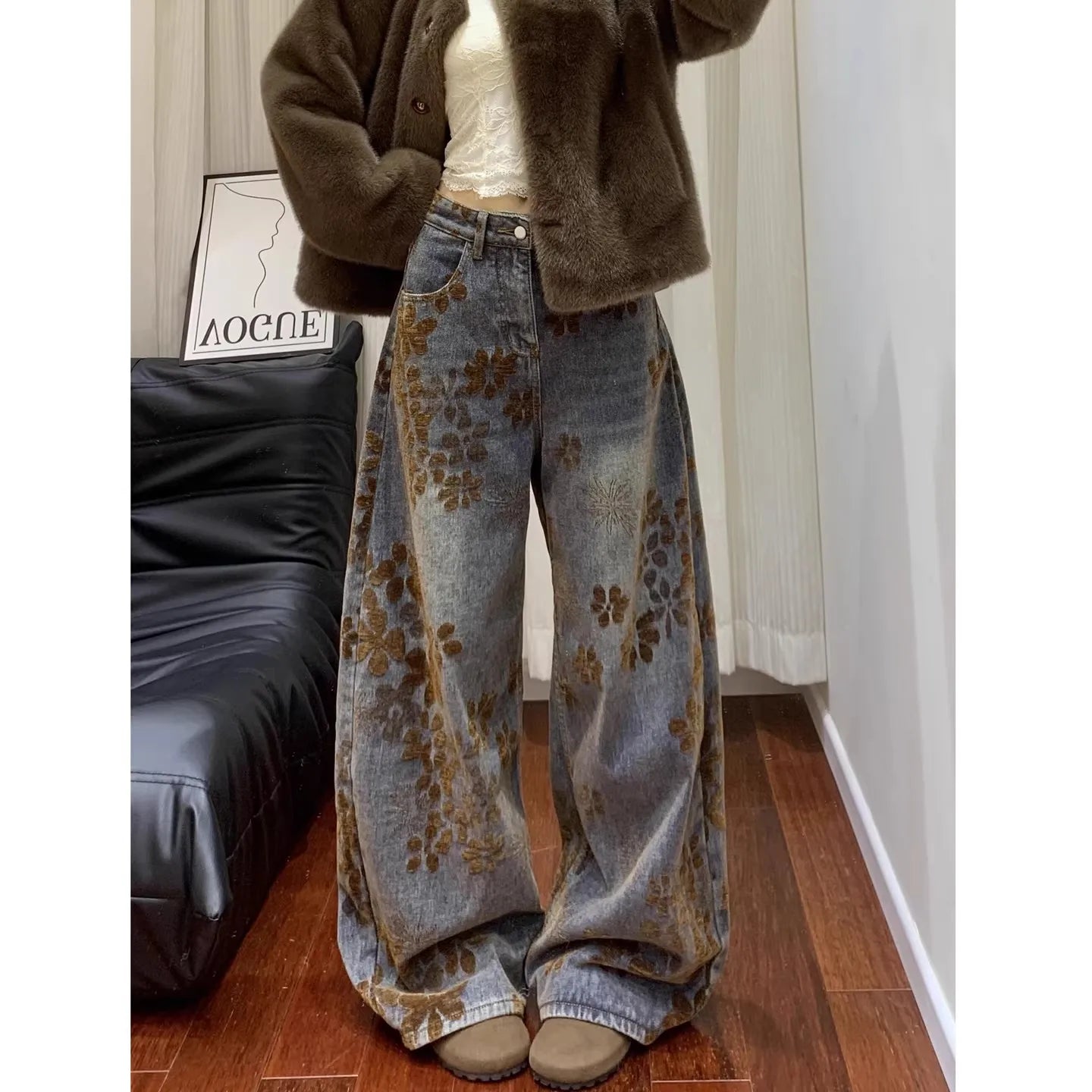 Retro Floral Embroidery Wide Leg Women's Jeans