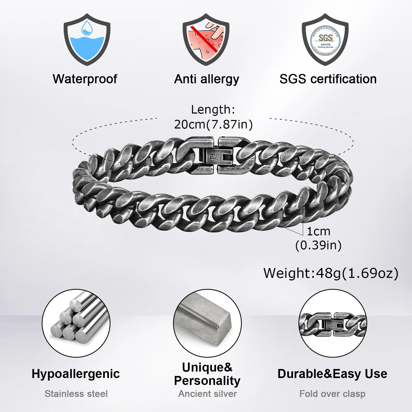 Retro Chunky Cuban Chain Vintage Thick Bracelet Antique Stainless Steel