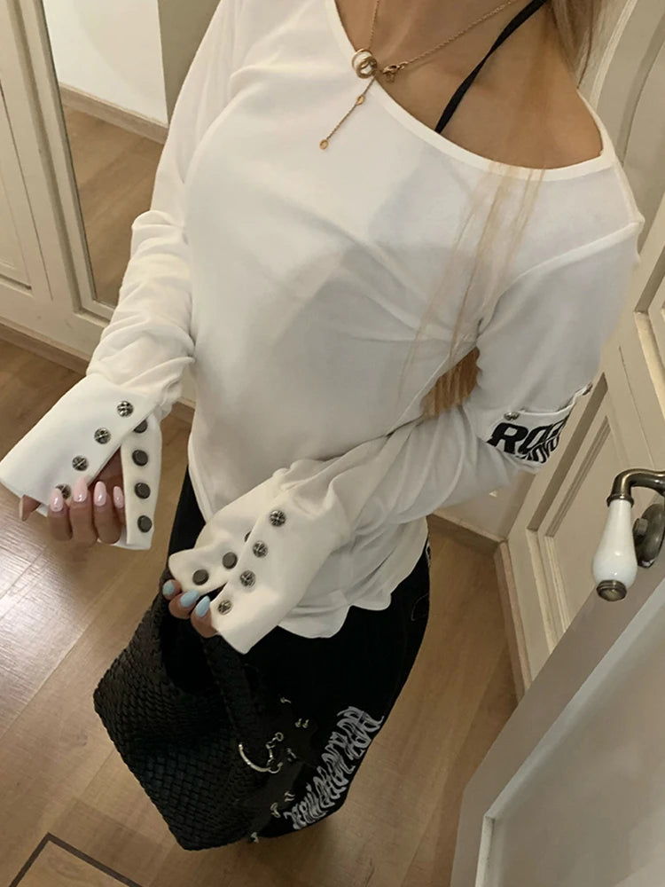 Retro T-shirt Women's Button Sleeve Cuffs Gothic Grunge Emo