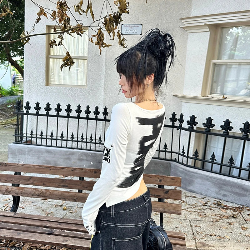 Retro T-shirt Women's Button Sleeve Cuffs Gothic Grunge Emo