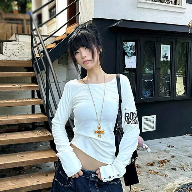 Retro T-shirt Women's Button Sleeve Cuffs Gothic Grunge Emo