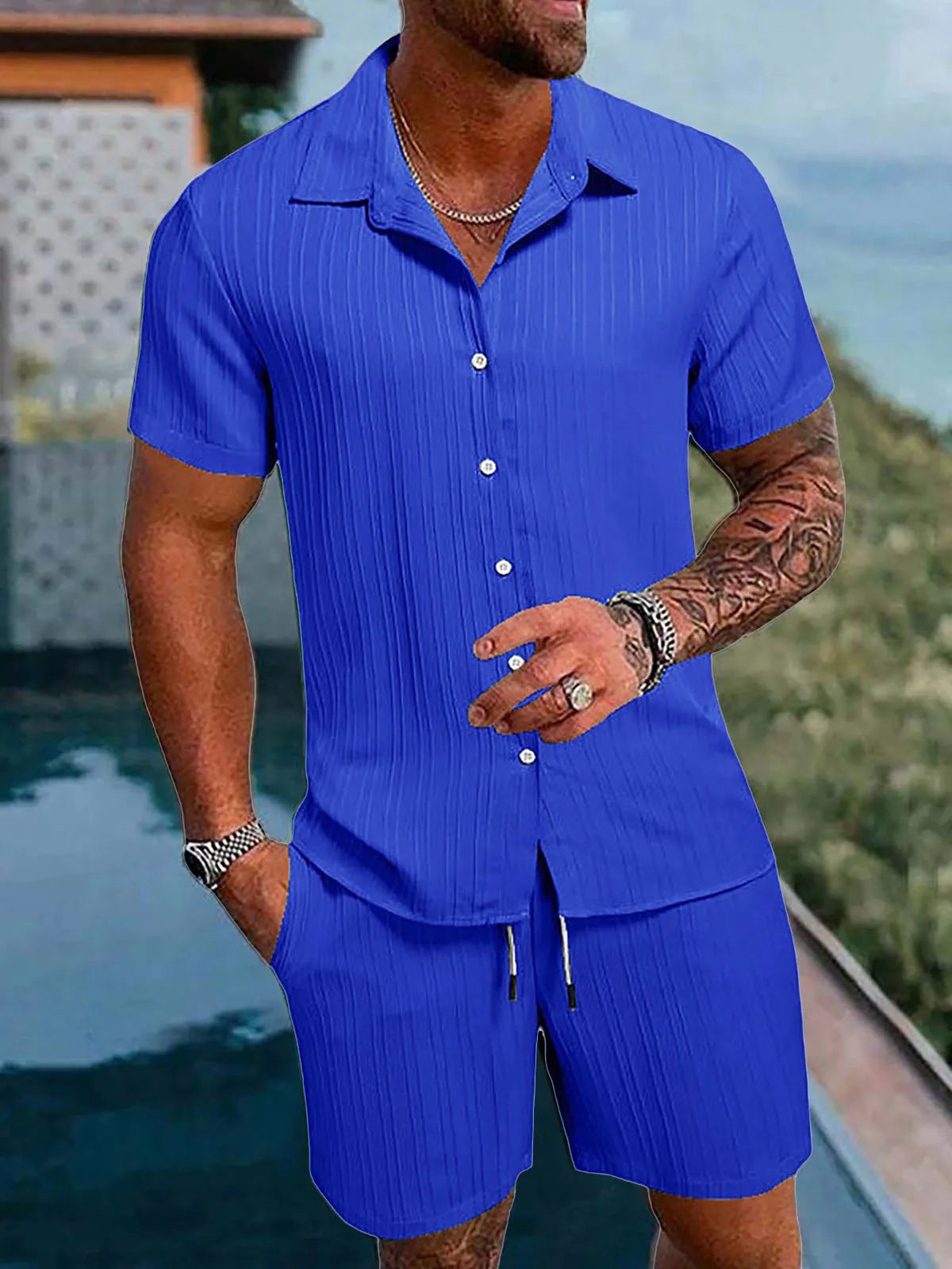 Men Casual Short Sleeve Shirt & Shorts 2pcs Combo Set Summer
