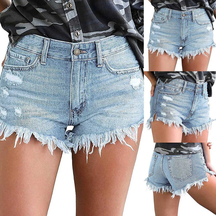 Denim Shorts Ripped Jeans Summer Frayed Hem Distressed Women's Shorts