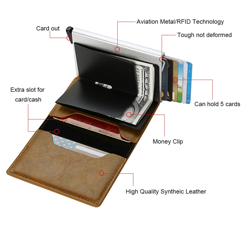 RFID Blocking Wallet Anti-Theft ID Carbon-Fiber Metal Credit Card Holder Money Clip