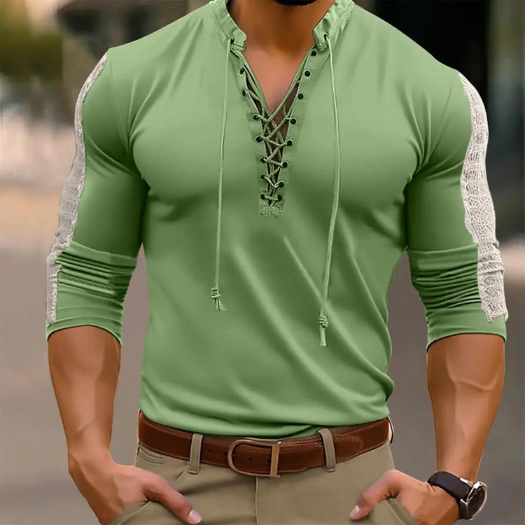 Men's Trendy Lace-Up Solid Colour Long-Sleeve V-Neck T-shirt Henley Collar Bridgerton Casual Shirt