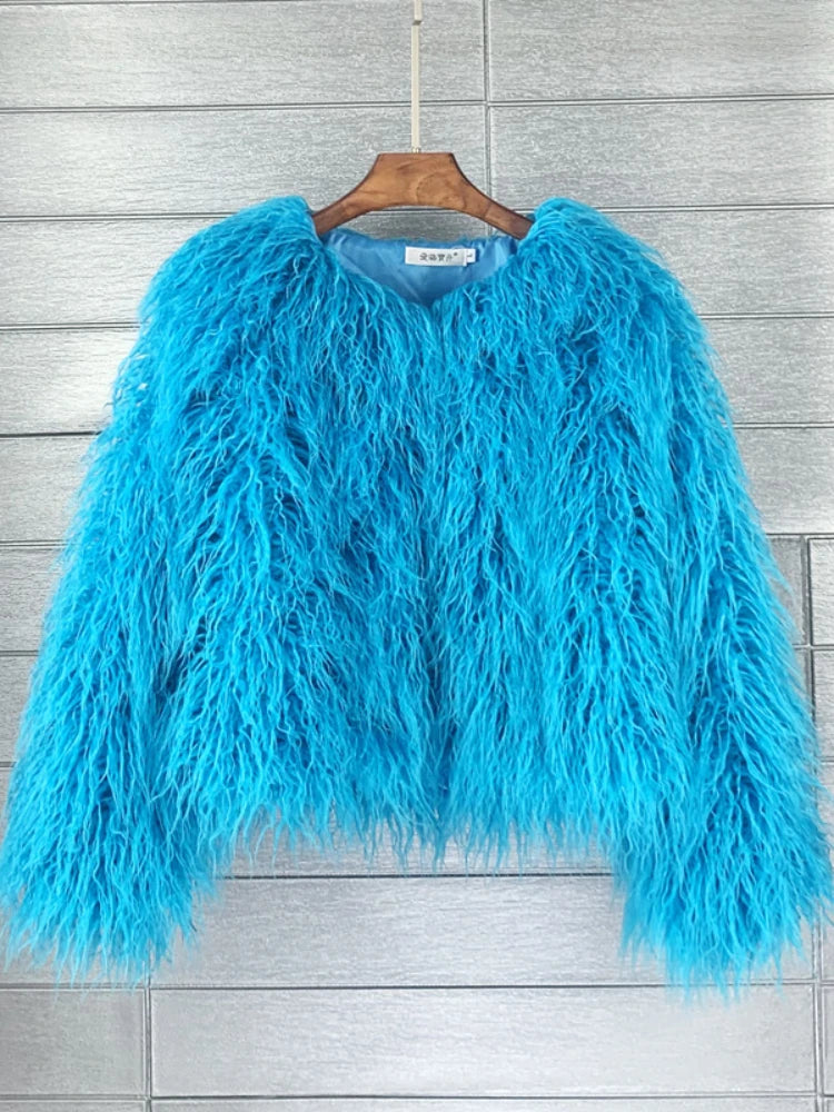 Fluffy Fur Jacket Colourful Shaggy Faux Feathers Short Women's Coat