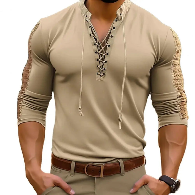 Men's Trendy Lace-Up Solid Colour Long-Sleeve V-Neck T-shirt Henley Collar Bridgerton Casual Shirt