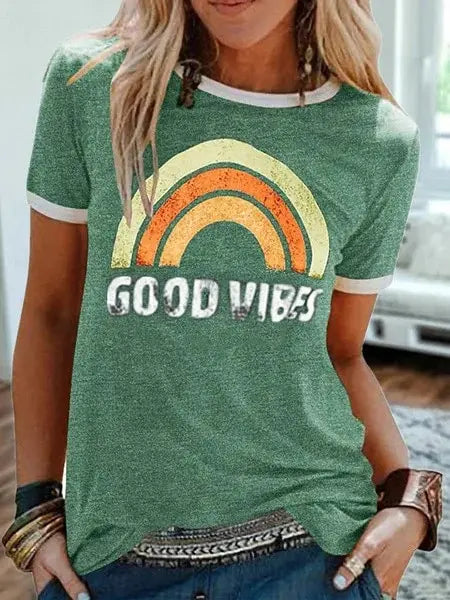 "Good Vibes" Groovy T-shirt Trendy Rainbow Tee Summer Positivity Women's Motivational Top