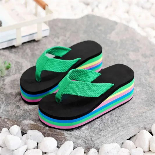 Platform Wedges Height Boosting Slides Chunky Elevator Rainbow Thongs Beach Flip Flops