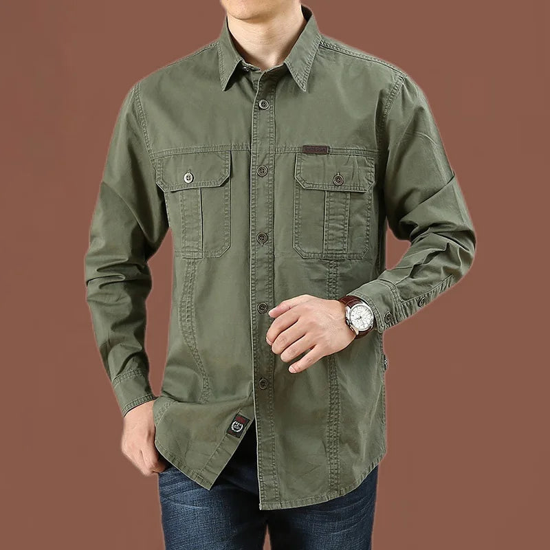 Cargo Shirt Long-Sleeve Cotton Full-Button Shirt With Breast Pockets