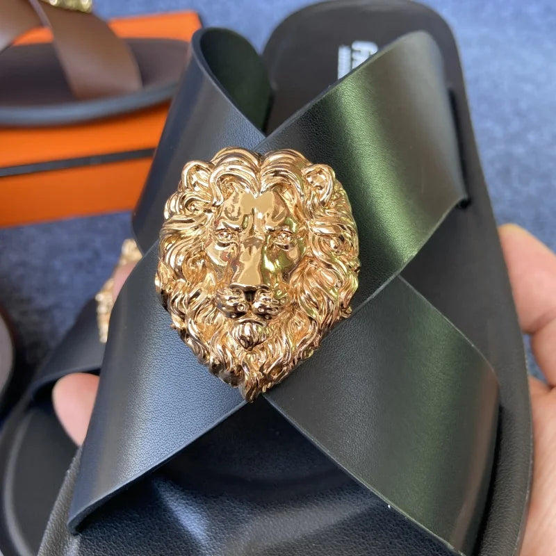 Men Slip-On Sandals with Gold Lion Head-Luxury Statement Footwear close up