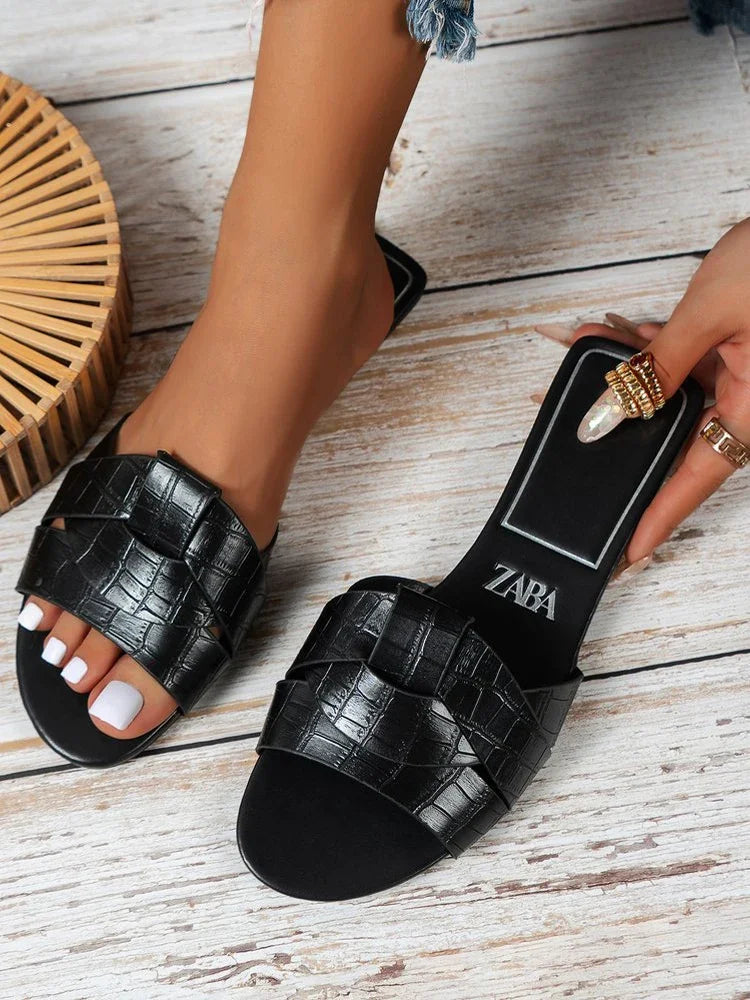 Flat Bottom Slides Genuine Leather Casual Slip-On Shoes Women's Flats