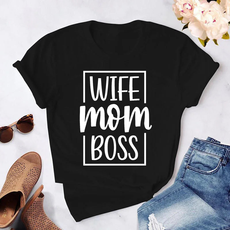 "Wife Mom Boss" Women's T-shirt Printed Letters Funny Top Mothers