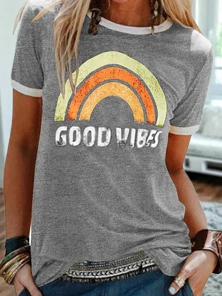 Groovy "Good Vibes" T-shirt Rainbow Summer Women's Top