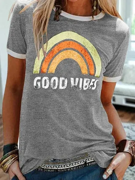 "Good Vibes" Groovy T-shirt Trendy Rainbow Tee Summer Positivity Women's Motivational Top