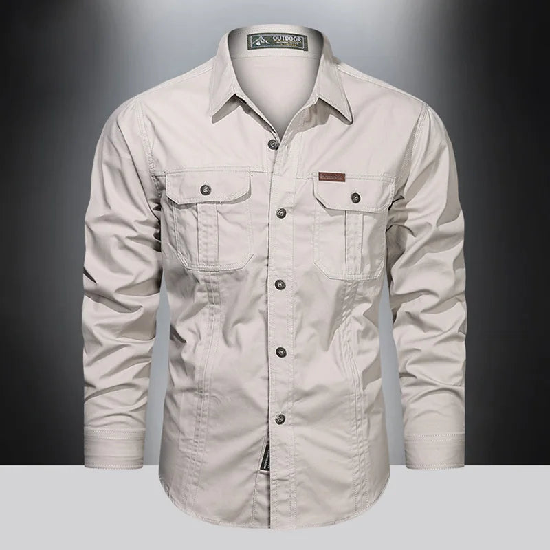 Cargo Shirt Long-Sleeve Cotton Full-Button Shirt With Breast Pockets