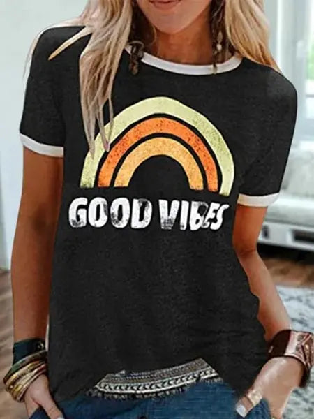 "Good Vibes" Groovy T-shirt Trendy Rainbow Tee Summer Positivity Women's Motivational Top