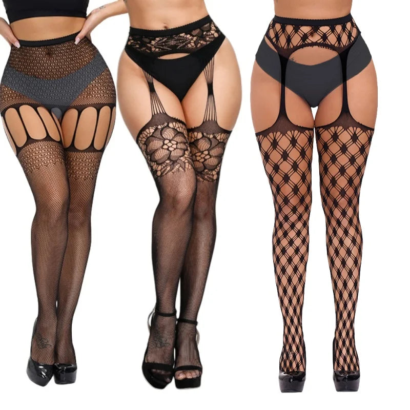 3 Pcs Fishnet Pantyhose Sexy Thigh-High Lingerie Stockings With Garter Belt