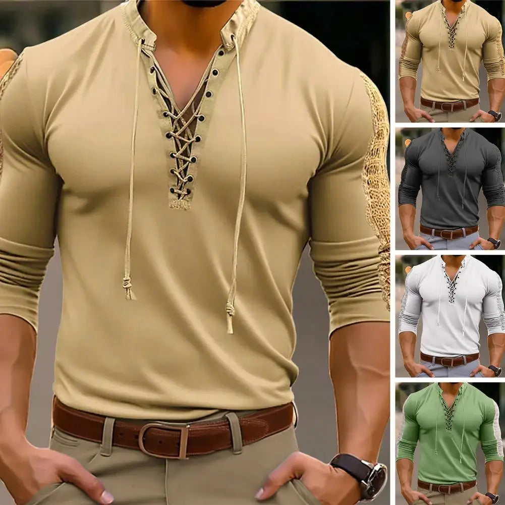 Men's Trendy Lace-Up Solid Colour Long-Sleeve V-Neck T-shirt Henley Collar Bridgerton Casual Shirt