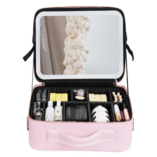 Travel Makeup Bag Portable Two-Level Cosmetics Beauty Case with LED Face Mirror & Adjustable Dividers