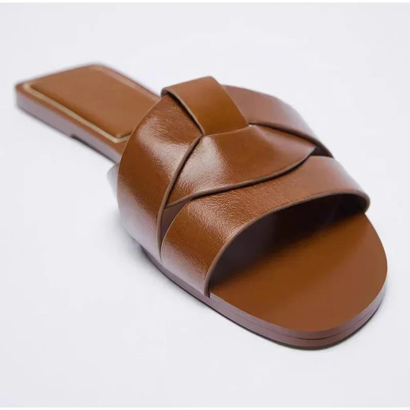 Flat Bottom Slides Genuine Leather Casual Slip-On Shoes Women's Flats