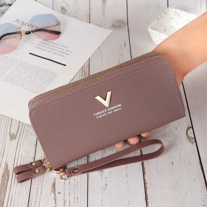 Double Zipper Purse Wallet Long Women's Clutch Wrist Bag