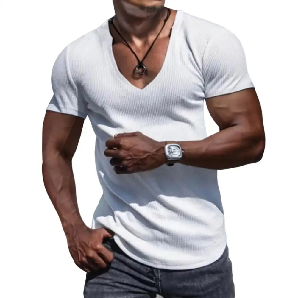 V-Neck Solid Colour T-shirt Breathable Quick Dry Summer Men's Pullover Top