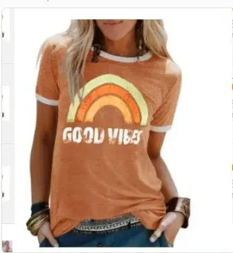 "Good Vibes" Groovy T-shirt Trendy Rainbow Tee Summer Positivity Women's Motivational Top