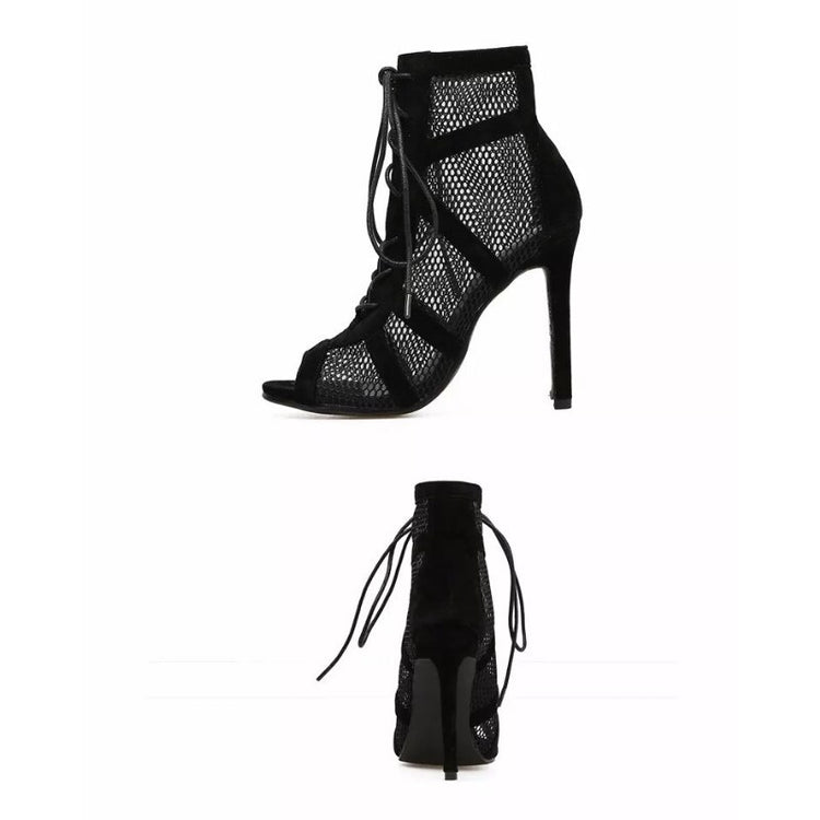 Mesh High Heels Lace Up Pumps Black Net Fabric Cross Strap Shoes