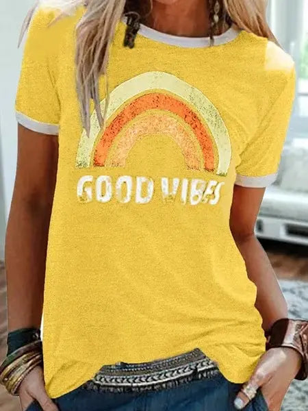 "Good Vibes" Groovy T-shirt Trendy Rainbow Tee Summer Positivity Women's Motivational Top