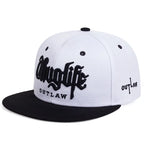 White and black cap with 'Thug life Outlaw' text on a white background
