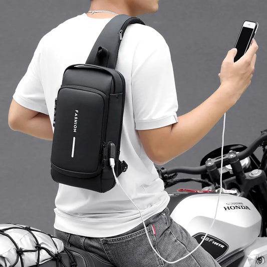 Travel Cross-Body Sling Backpack Cross-Chest Bag With Padlock & USB Charging Port