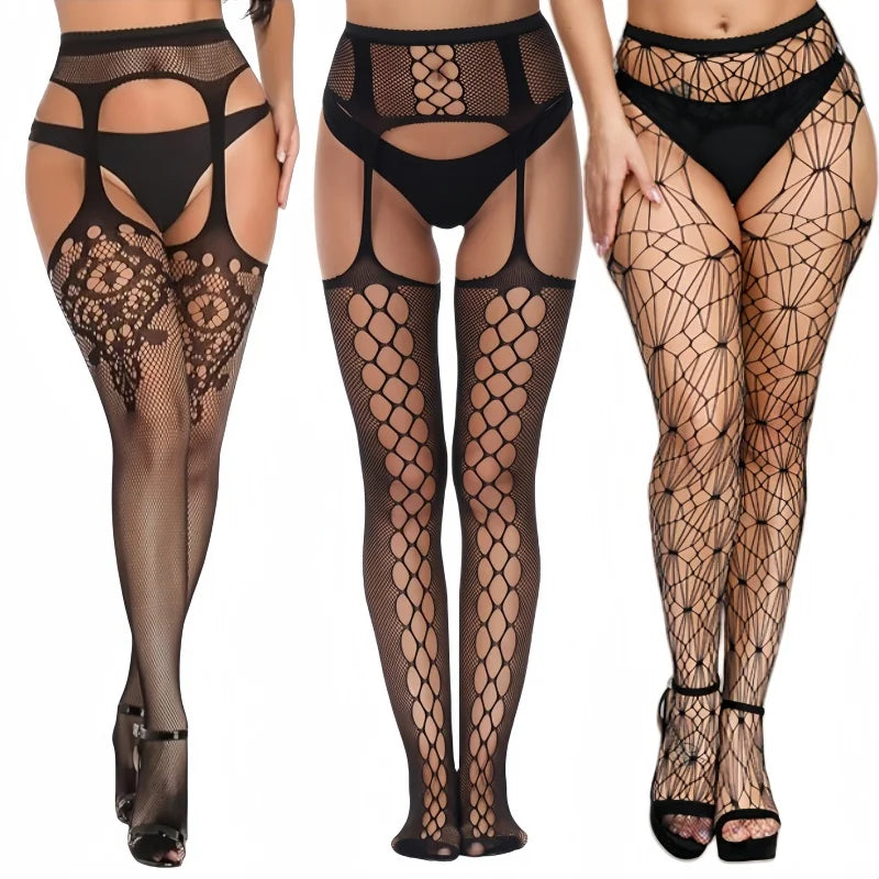 3 Pcs Fishnet Pantyhose Sexy Thigh-High Lingerie Stockings With Garter Belt
