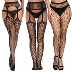3 Pcs Fishnet Pantyhose Sexy Thigh-High Lingerie Stockings With Garter Belt