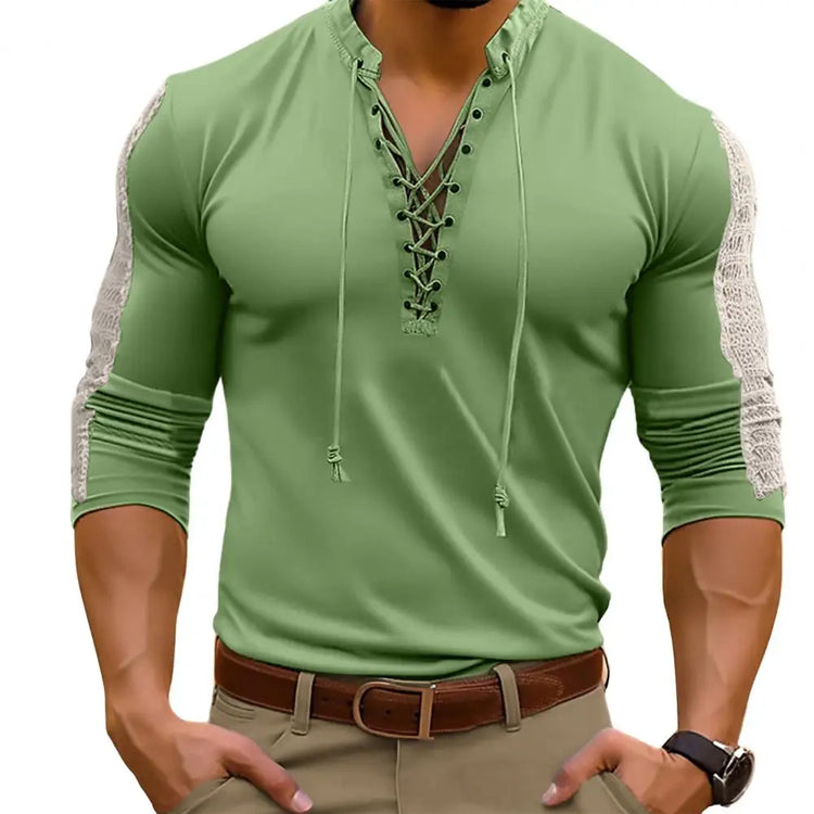 Men's Trendy Lace-Up Solid Colour Long-Sleeve V-Neck T-shirt Henley Collar Bridgerton Casual Shirt