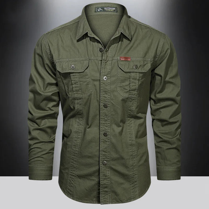 Cargo Shirt Long-Sleeve Cotton Full-Button Shirt With Breast Pockets