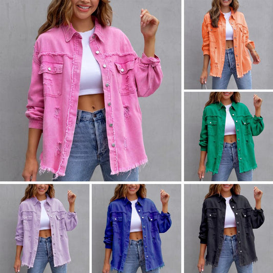 Denim Jeans Jacket Frayed Hem Ripped Distressed Look Mid-Length Vintage Style