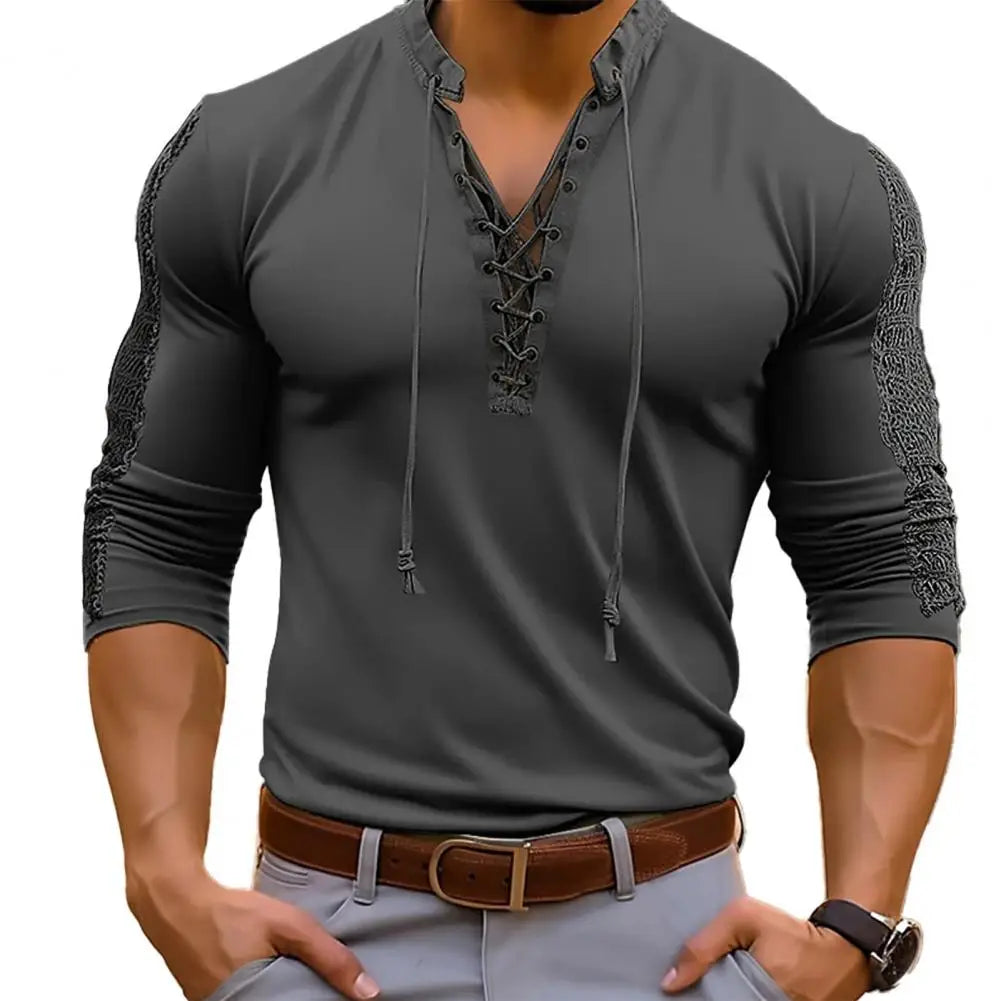 Men's Trendy Lace-Up Solid Colour Long-Sleeve V-Neck T-shirt Henley Collar Bridgerton Casual Shirt