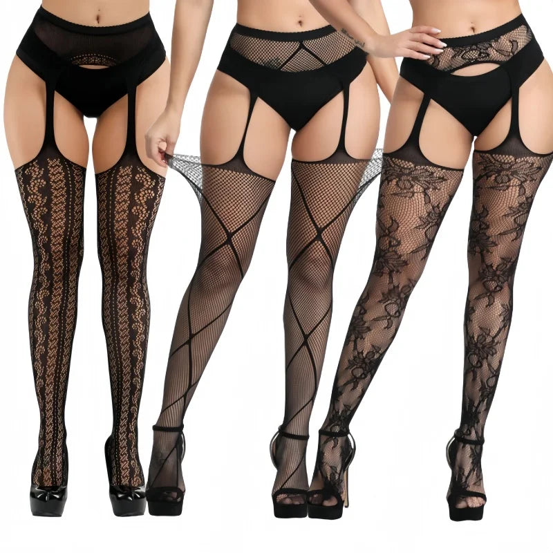 3 Pcs Fishnet Pantyhose Sexy Thigh-High Lingerie Stockings With Garter Belt