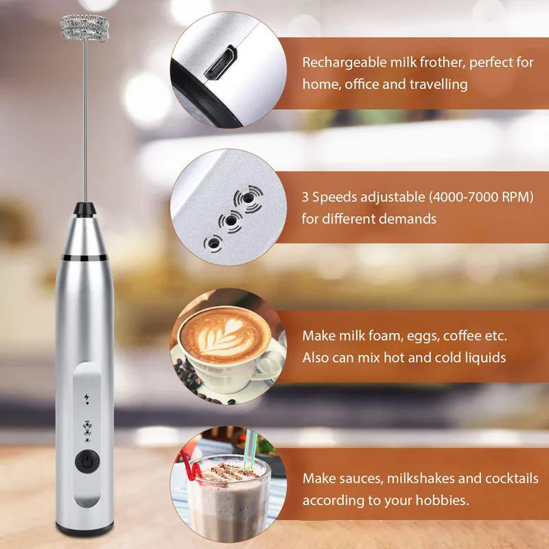 Milk Frother Tool Electric USB 3-Speed Food Blender Foam Maker Whisk Cream Mixer