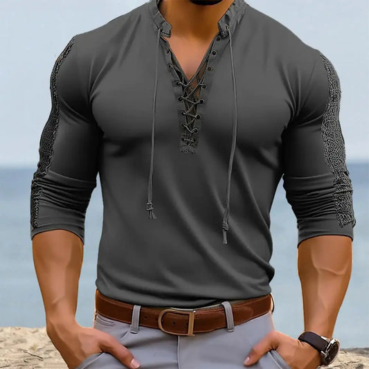 Men's Trendy Lace-Up Solid Colour Long-Sleeve V-Neck T-shirt Henley Collar Bridgerton Casual Shirt