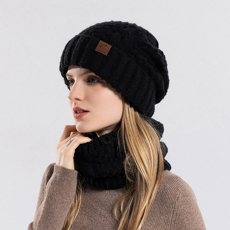 Beanie And Scarf 2pcs Set Knitted Thickened Fleece Lined Warm Hat