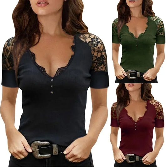 Lace Short Sleeve Blouse V-Neck / T-shirt Top Office Wear - Plus Sizes Women's