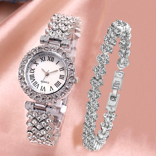 Watch & Bracelet - Women's Diamond-Encrusted Set With Steel Band