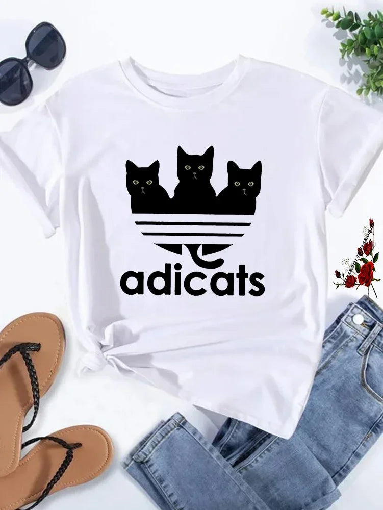Funny Cat Printed T-shirt Cartoon Adicats