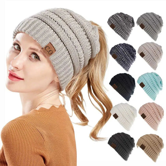 Women's Knitted Hat Beanie With Opening - No More Messy Hair Ponytail Tidy