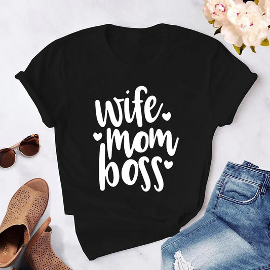 "Wife Mom Boss" Women's T-shirt Printed Letters Funny Top Mothers-Keep Melbourne Marvellous Official Store