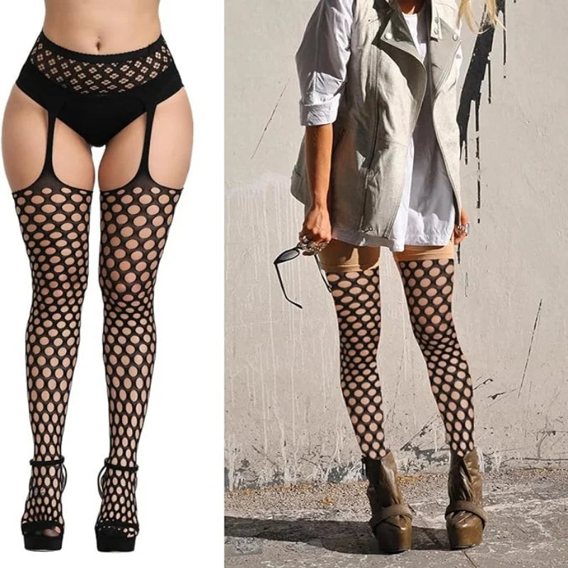 3 Pcs Fishnet Pantyhose Sexy Thigh-High Lingerie Stockings With Garter Belt