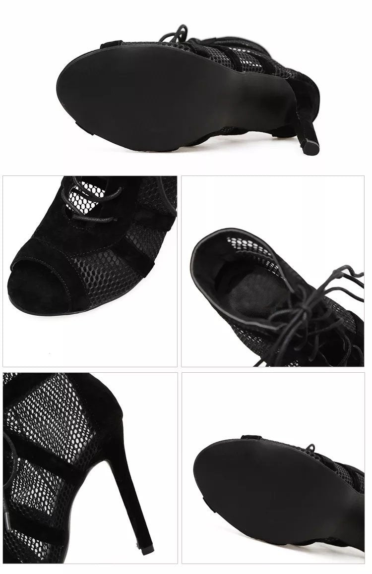 Mesh High Heels Lace Up Pumps Black Net Fabric Cross Strap Shoes